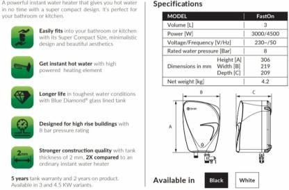 AO Smith 3 L Instant Water Geyser (FastOn, Black / White) | Zakamlova  Hardware Store