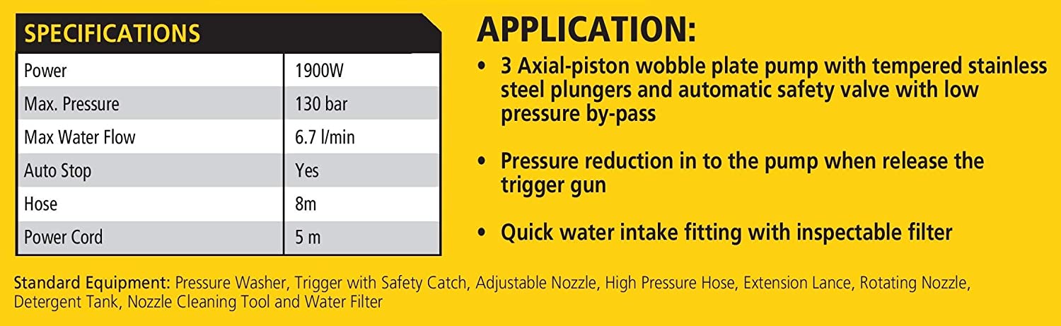 Stanley Plastic SW19-5B 130 Bar Pressure Washer 1900 W Induction Motor (Yellow and Black)