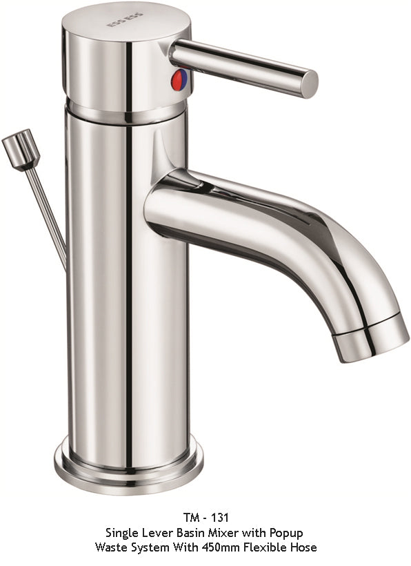 TM131
Single lever basin mixer with popup waste system with 450mm flexible hose